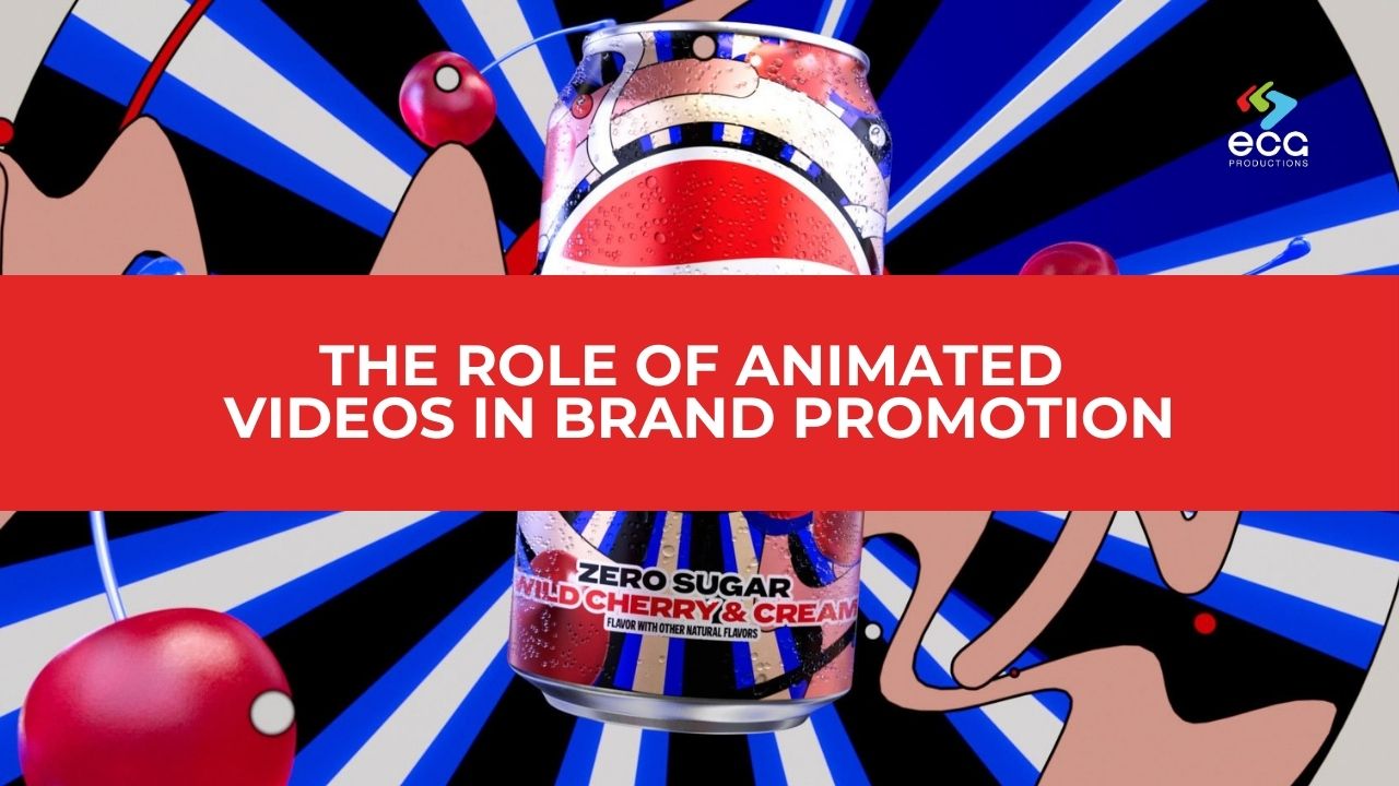 Stylized can of cherry soda surrounded by animated cherries and a vibrant blue-and-white burst background, overlaid with a bold red banner reading “The Role of Animated Videos in Brand Promotion”—highlighting the bold, attention-grabbing power of animation in elevating product appeal.