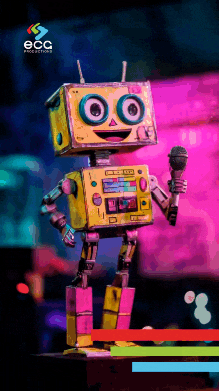 Colorful, cartoon-style robot holding a microphone on stage under neon lights—bringing charm and personality to the screen, and showcasing the creative edge of animated videos in brand promotion.