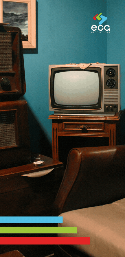 A retro television flashes on, revealing a green screen on the screen, illustrating how editors can use chroma key techniques in green screen post-production to replace footage seamlessly.
