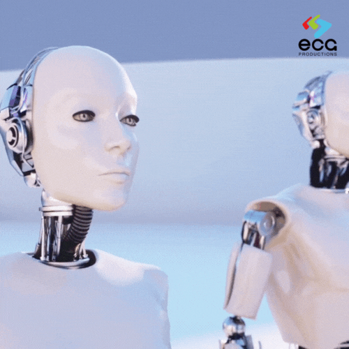 Two AI robots walk side by side in a 3D animated scene, showcasing the lifelike movement and technical detail of advanced 3D character animation.