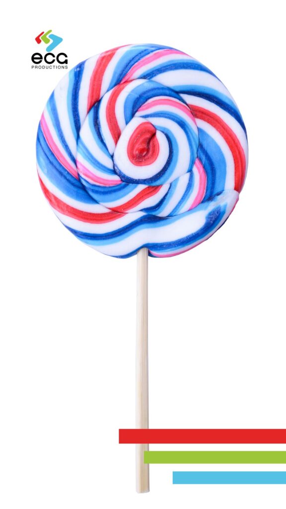 Close-up of a vibrant red, white, and blue lollipop against a soft whitebackground—representing how bold, patriotic color choices influence viewer emotion in TV commercials through color psychology.