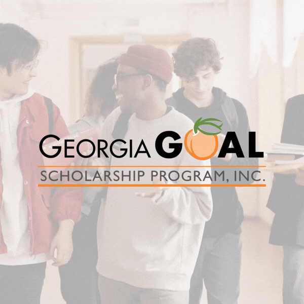 George goals scholarship program logo and four students walking down the hallway