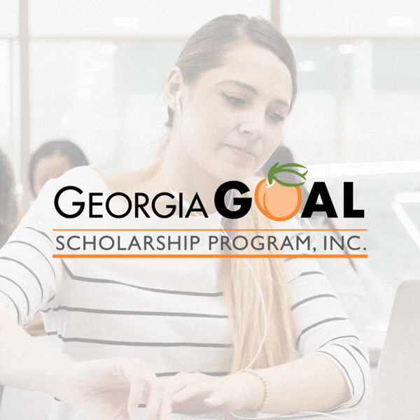 Georgia goal scholarship program logo with a girl working at her desk in college