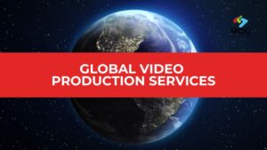 View of Earth from space with glowing city lights across continents, overlaid by a bold red bar reading “Global Video Production Services”—symbolizing worldwide reach and 24/7 storytelling power through professional video production.