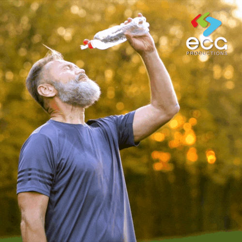 A sportsman refreshes himself by squirting water over his face, demonstrating how commercial scriptwriting creates cinematic moments in sports advertising.