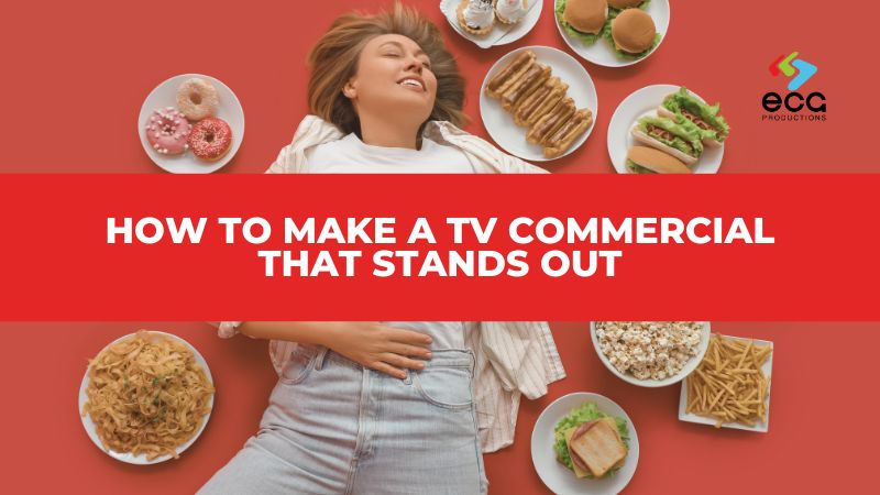 Woman lying joyfully on a red background surrounded by plates of fast food—illustrating bold visual storytelling and emotional appeal as key ingredients in how to make a TV commercial that stands out.