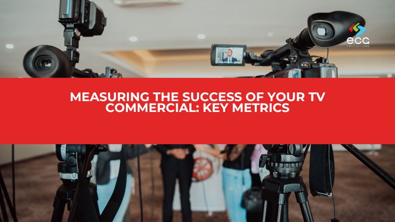 Professional video cameras set up for an interview shoot, with a bold red bar overlay that reads “Measuring the Success of Your TV Commercial: Key Metrics”—highlighting the importance of analyzing TV commercial success.