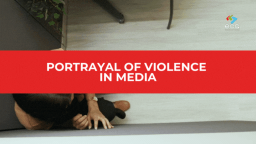Overhead view of a distressed woman on the floor reaching out for help, overlaid with a bold red banner reading “Portrayal of Violence in Media”—illustrating how intense moments are dramatized to evoke emotional reactions in visual storytelling.