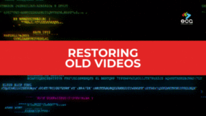 Glitchy digital text and code flashing across a dark screen, overlaid with a red banner that reads “Restoring Old Videos”—symbolizing the technical and digital process of recovering and preserving vintage video content.