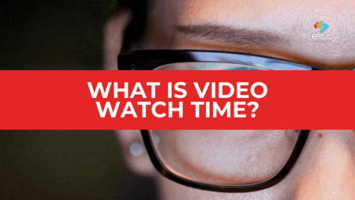 Extreme close-up of a person’s eye behind glasses reflecting screen light, overlaid with a red banner reading “What Is Video Watch Time?”—emphasizing viewer engagement and how long audiences stay tuned in.