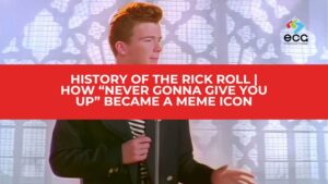 Rick Astley performing in front of stained-glass windows, holding a vintage microphone with a red overlay reading “History of the Rick Roll | How ‘Never Gonna Give You Up’ Became a Meme Icon”—highlighting the viral legacy of one of the internet’s most legendary bait-and-switch pranks.
