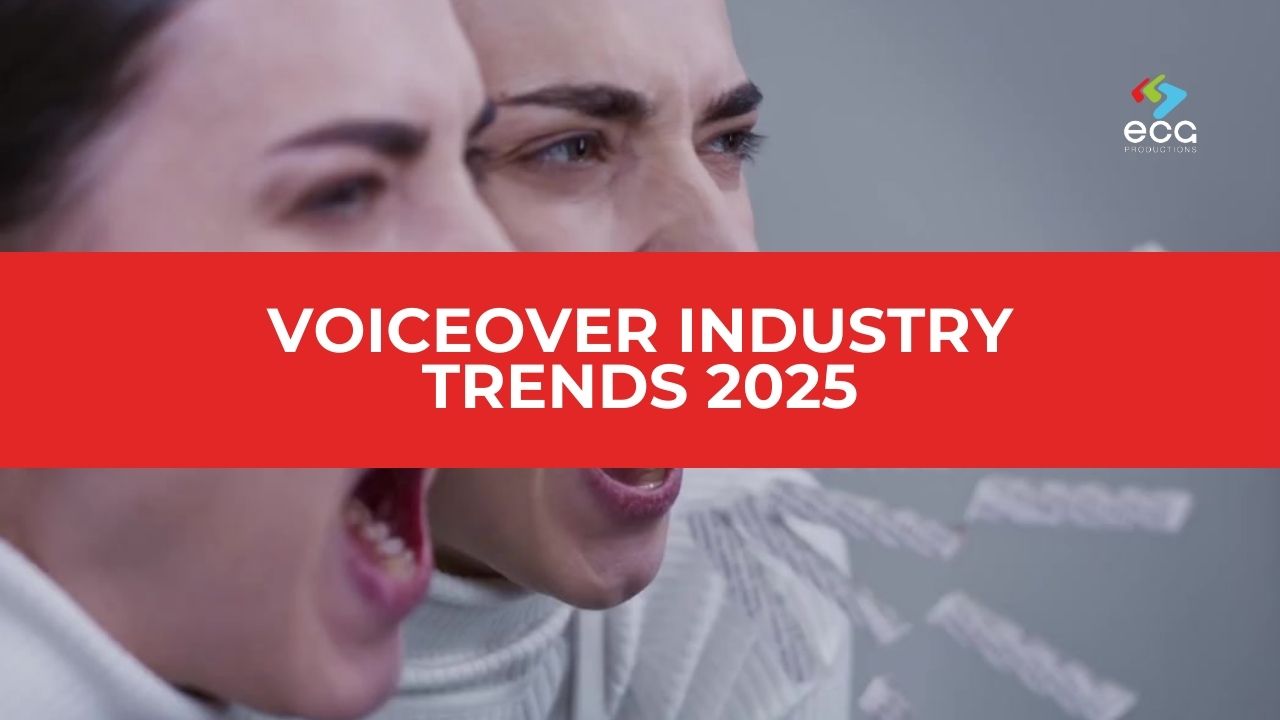 Close-up of a person speaking with animated words flying from their mouth, overlaid with a bold red banner that reads “Voiceover Industry Trends 2025”—symbolizing the dynamic evolution of vocal performance and technology in the modern media landscape.