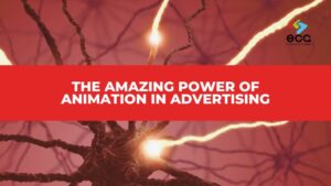Stylized animated neurons firing with electric energy across a red neural network, overlaid with a bold red banner that reads “The Amazing Power of Animation in Advertising”—symbolizing how animation stimulates engagement and impact in modern marketing.