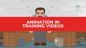 Animated office worker storms through a cluttered office, angrily knocking over a trash can, overlaid with a bold red banner reading “Animation in Training Videos”—demonstrating how animation can humorously and effectively illustrate workplace behavior in corporate training content.