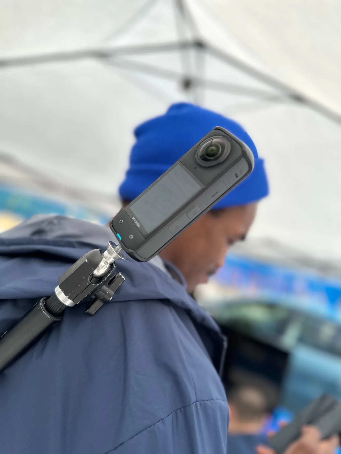 Mounted 360-degree camera used for immersive video capture in an outdoor environment.