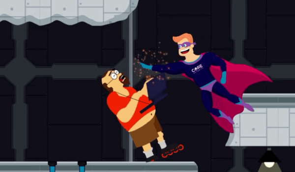 Animated Hacker being hit by Core Security Super hero