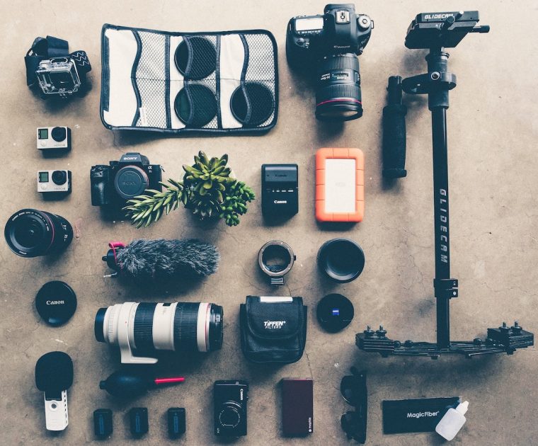 camera gear laid out neatly