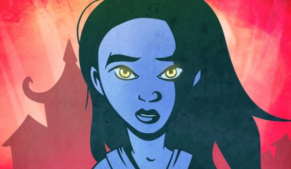 A 2D-animated girl with black hair on a red background.