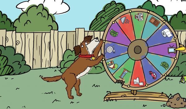 A dog spins a carnival wheel (from James Patterson's Dog Diaries).