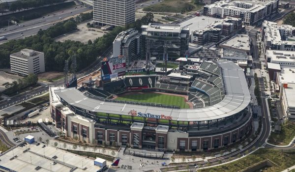 From a drone's point of view, we look down over SunTrusk Park during an Atlanta Braves baseball game. The stadium won Kimley-Horn the 2018 ACEC Georgia Grand Prize.