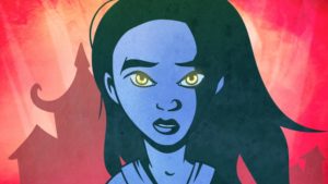 A 2D-animated girl with black hair on a red background.