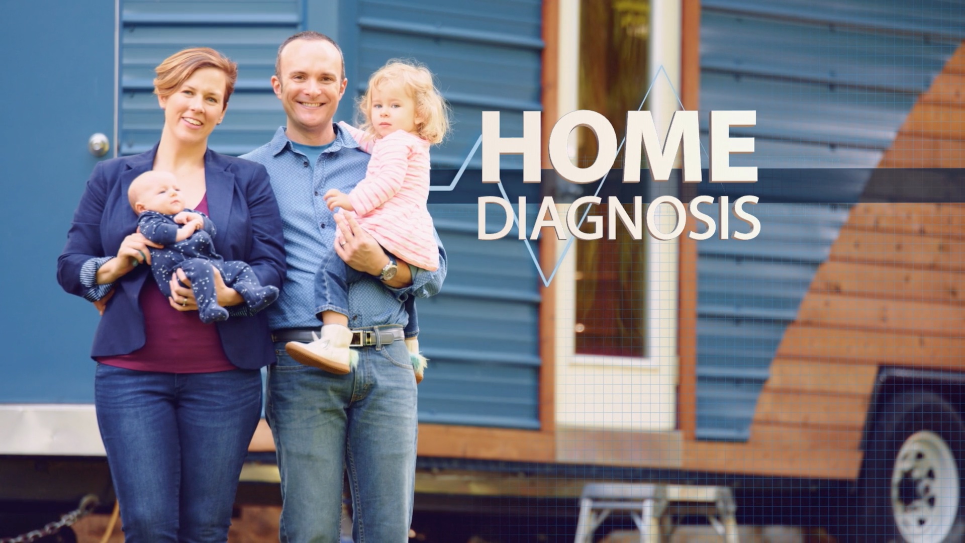 Corbett and Grace Lunsford stand with their children in front of their mobile home.