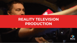 Red bar with white text reading 'Reality Television Production' over a candid moment from a reality show shoot.