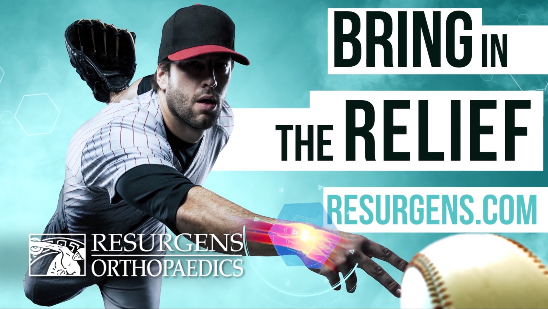 An Atlanta Braves pitcher throws a baseball in a Resurgens Orthopaedics squeezeback video animation.