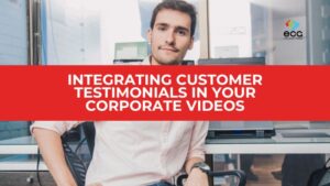 Confident young man seated in a modern office setting, with a red overlay bar and bold white text reading “Integrating Customer Testimonials in Your Corporate Videos”—highlighting the personal, authentic voice that testimonials bring to branded content.