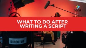 Film crew on a professional set with a “Director” chair, boom mic, and talent lit under dramatic lighting—illustrating the production phase and essential next steps in what to do after writing a script.